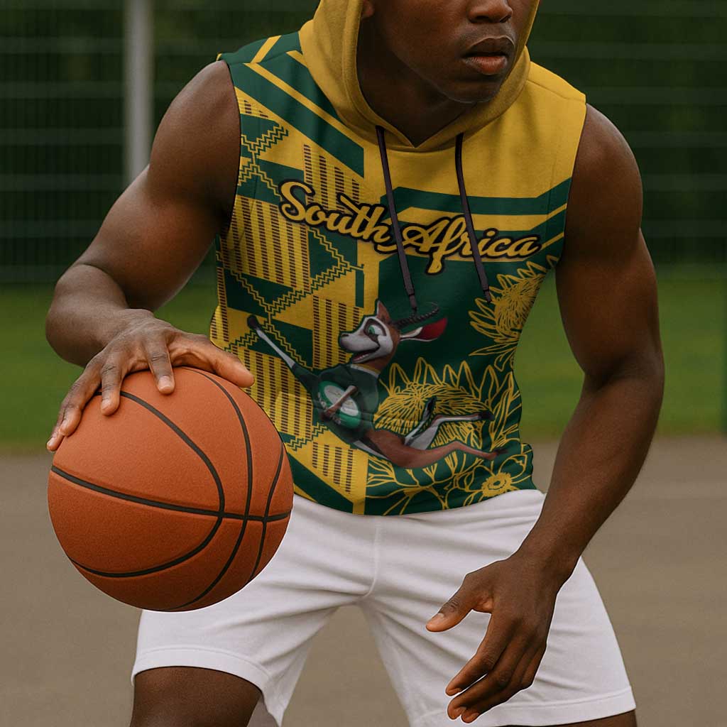 Custom South Africa Rugby Sleeveless Hoodie Springboks With Protea Cynaroides - African Pride