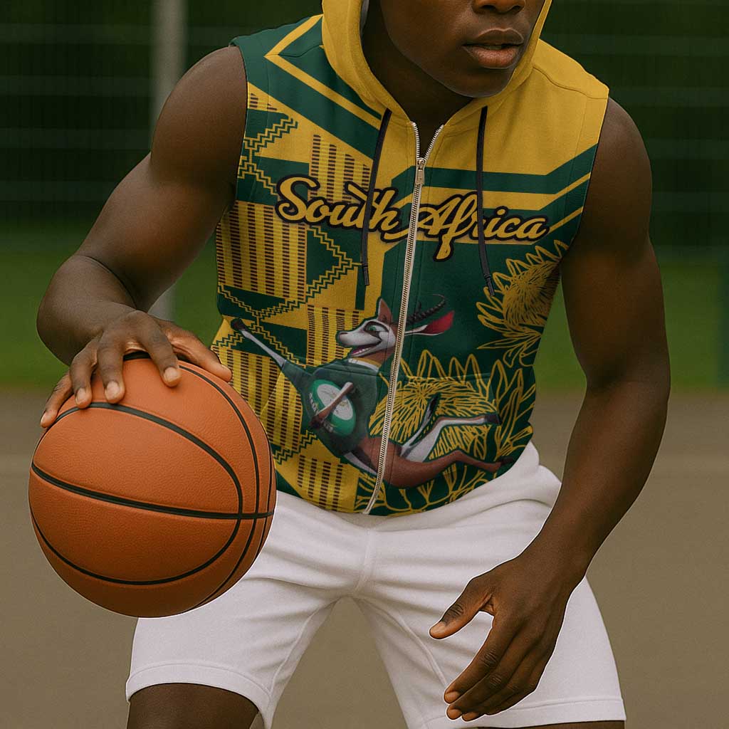 Custom South Africa Rugby Sleeveless Zip Hoodie Springboks With Protea Cynaroides - African Pride