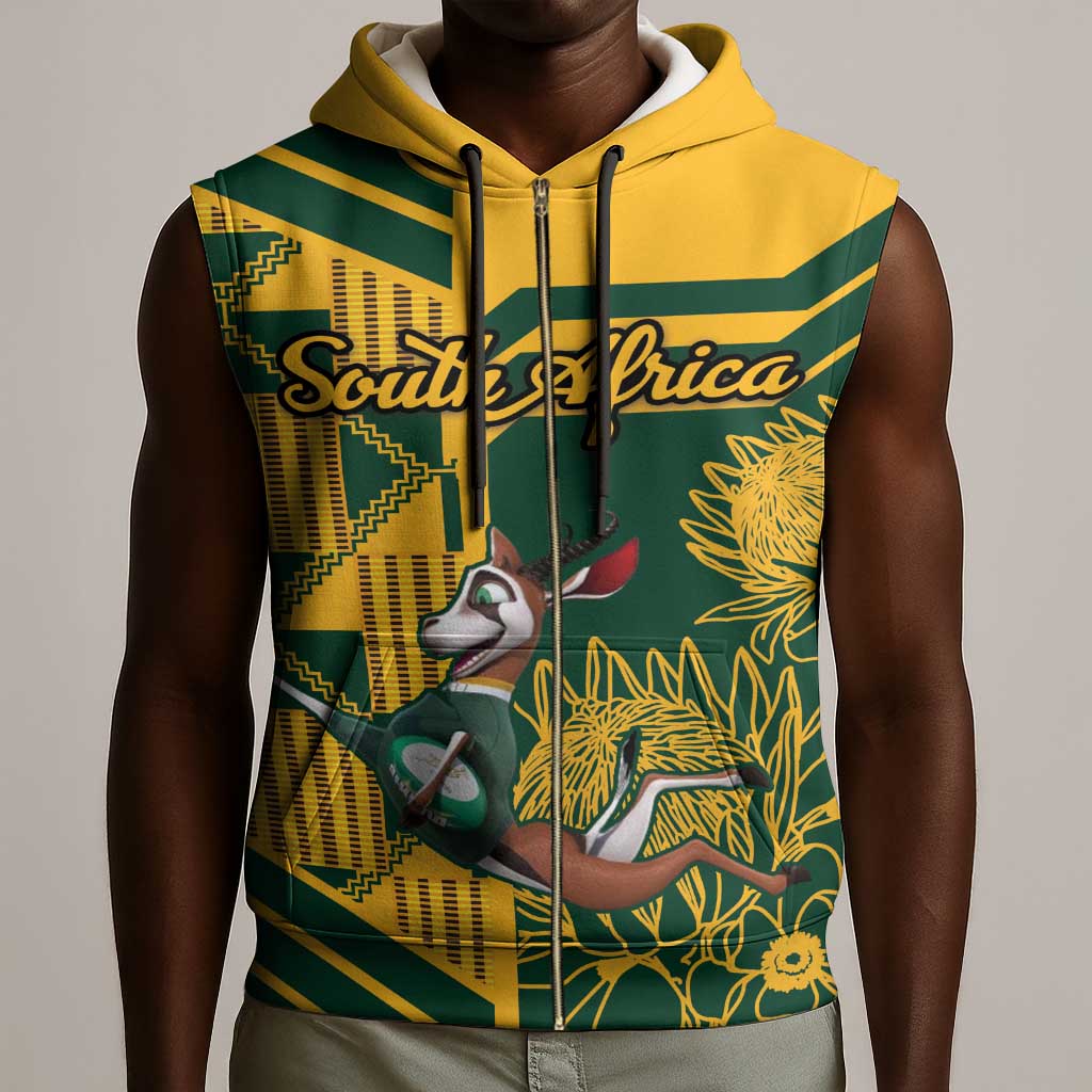 Custom South Africa Rugby Sleeveless Zip Hoodie Springboks With Protea Cynaroides - African Pride