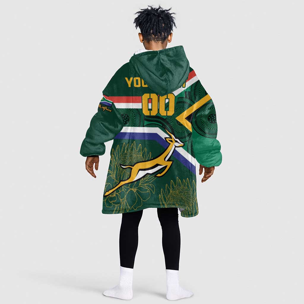 Custom South Africa Rugby KId Wearable Blanket Hoodie Springboks Mascot African Pattern