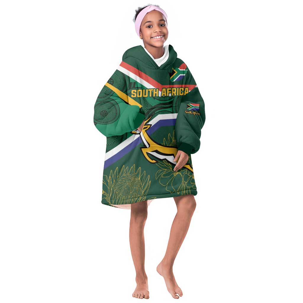 Custom South Africa Rugby KId Wearable Blanket Hoodie Springboks Mascot African Pattern