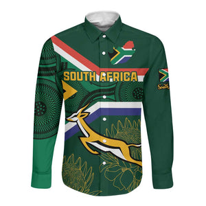 Custom South Africa Rugby Long Sleeve Button Shirt Springboks Mascot African Pattern