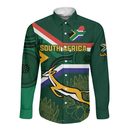 Custom South Africa Rugby Long Sleeve Button Shirt Springboks Mascot African Pattern
