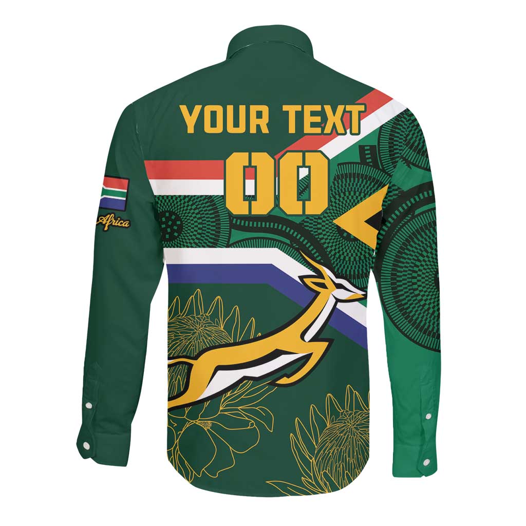 Custom South Africa Rugby Long Sleeve Button Shirt Springboks Mascot African Pattern