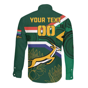 Custom South Africa Rugby Long Sleeve Button Shirt Springboks Mascot African Pattern