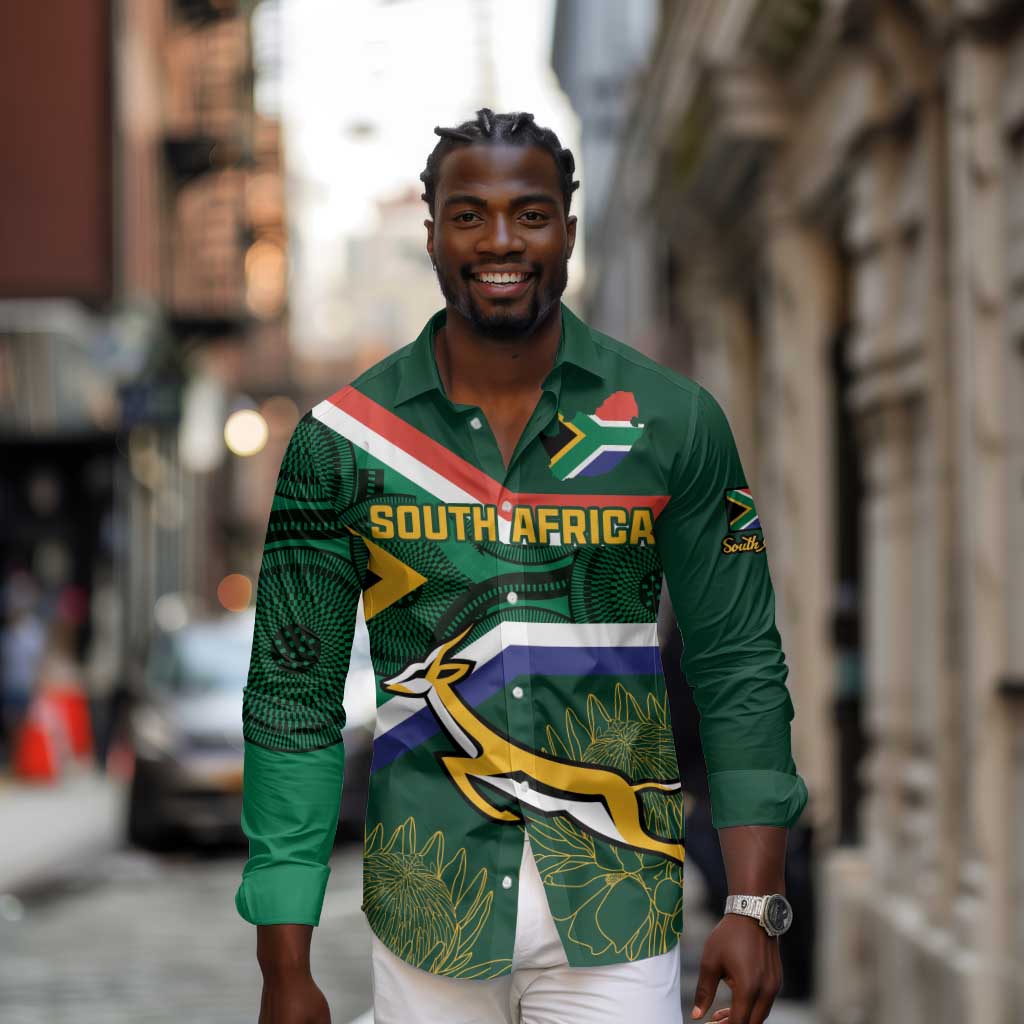 Custom South Africa Rugby Long Sleeve Button Shirt Springboks Mascot African Pattern