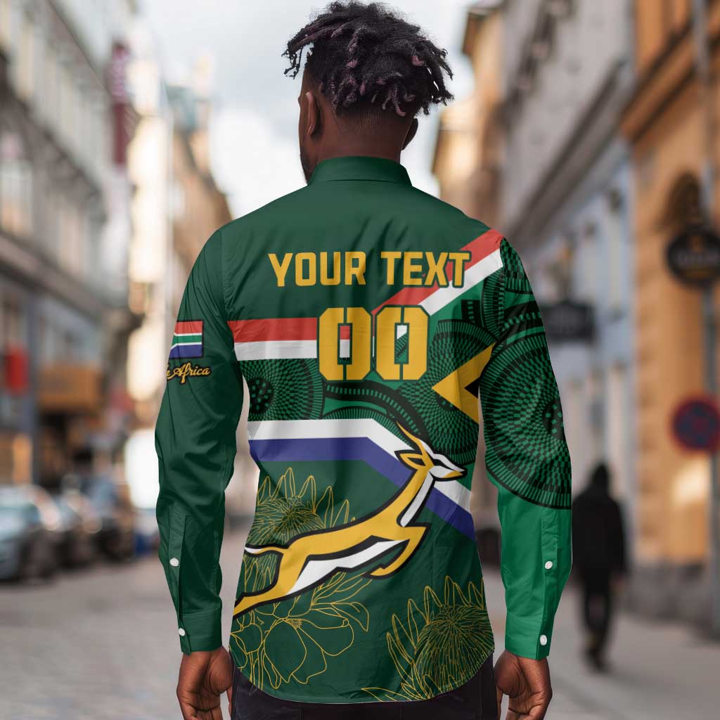Custom South Africa Rugby Long Sleeve Button Shirt Springboks Mascot African Pattern