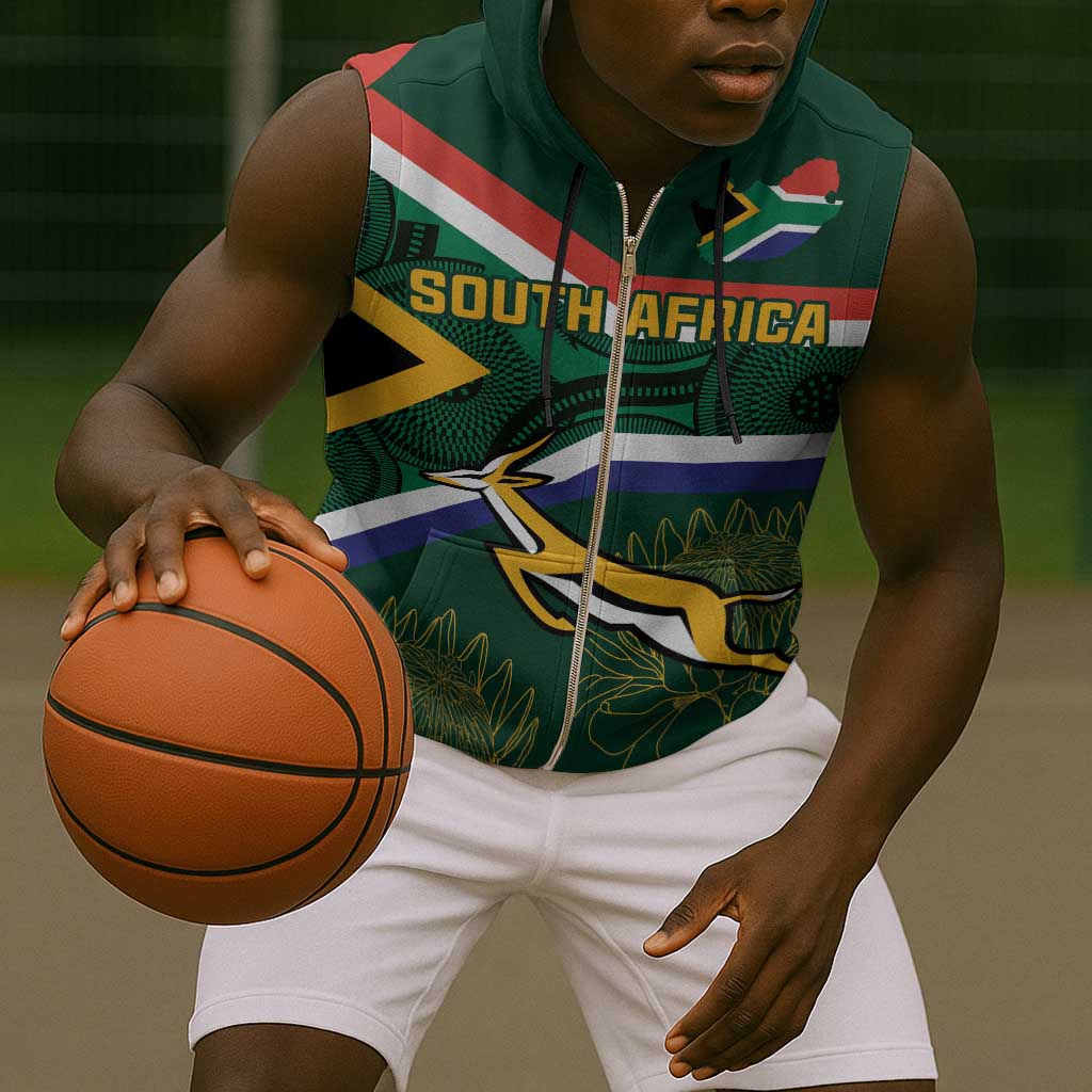 Custom South Africa Rugby Sleeveless Zip Hoodie Springboks Mascot African Pattern - African Pride