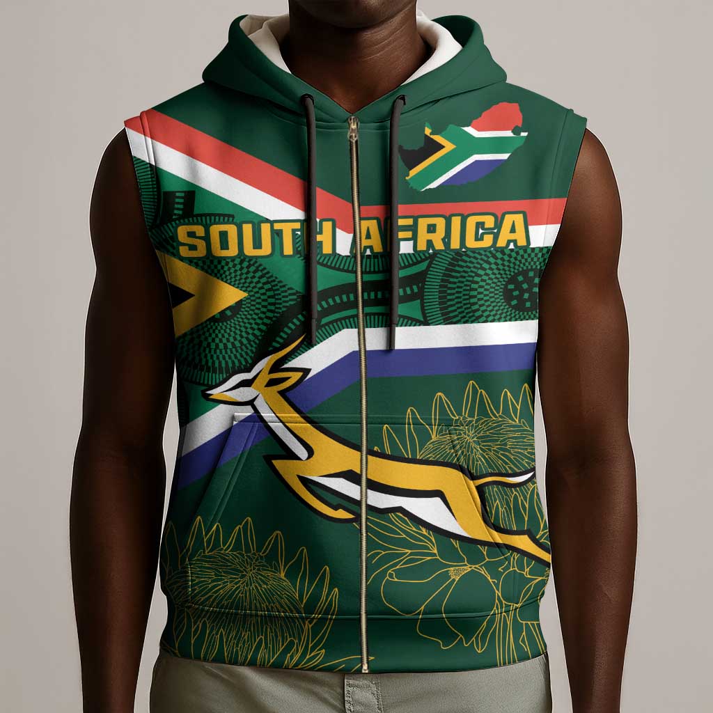 Custom South Africa Rugby Sleeveless Zip Hoodie Springboks Mascot African Pattern - African Pride