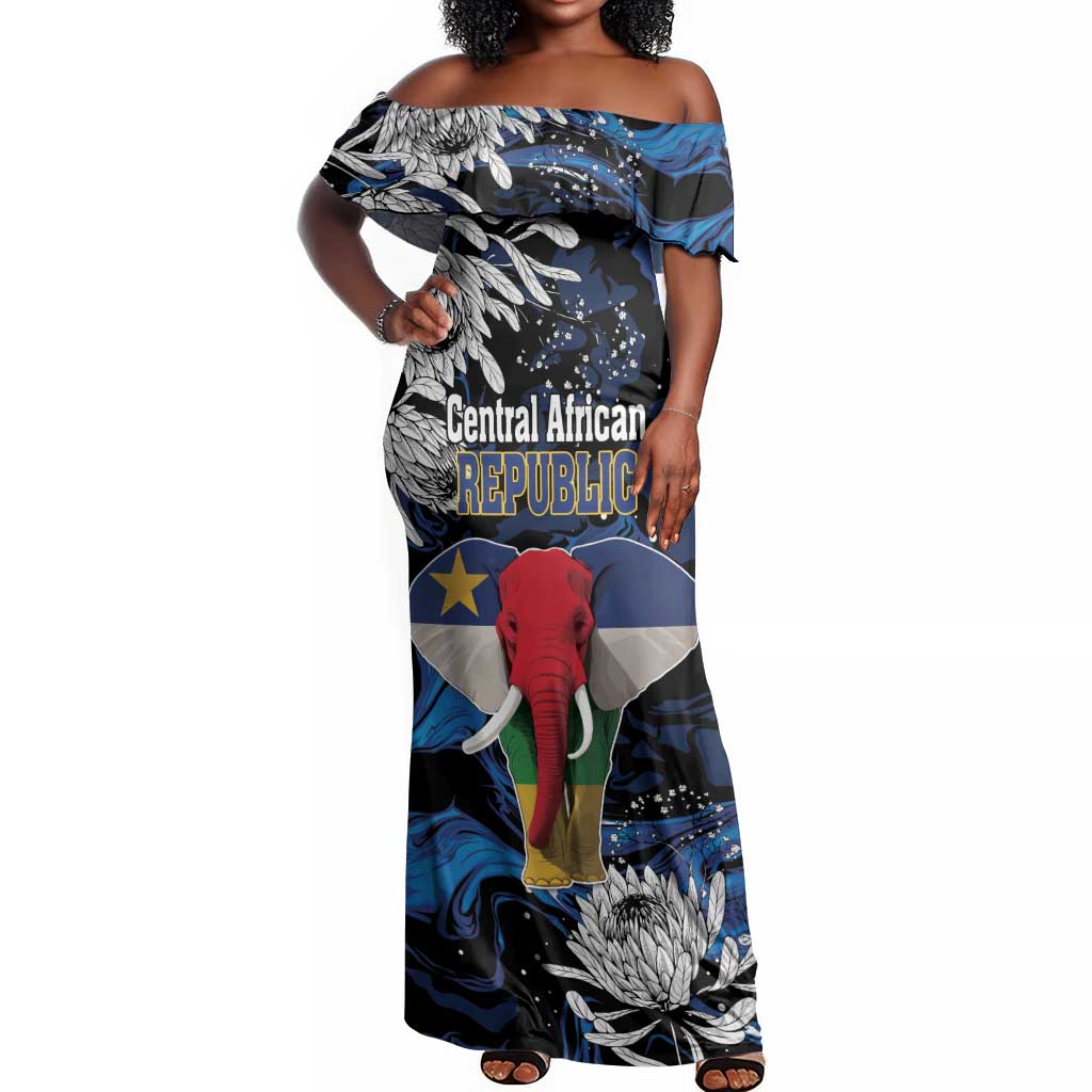 Personalized Central African Republic Off Shoulder Maxi Dress Elephant With King Protea