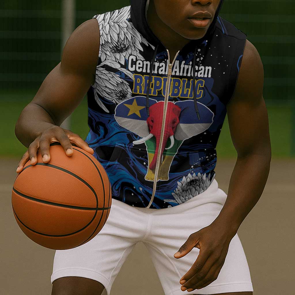 Personalized Central African Republic Sleeveless Zip Hoodie Elephant With King Protea - African Pride