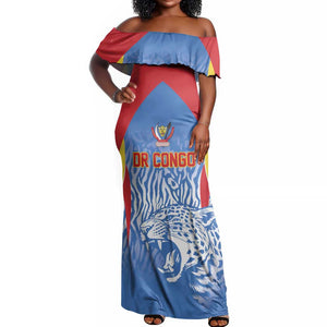 Custom DR Congo Football 2026 Off Shoulder Maxi Dress Leopard Power Fan Style