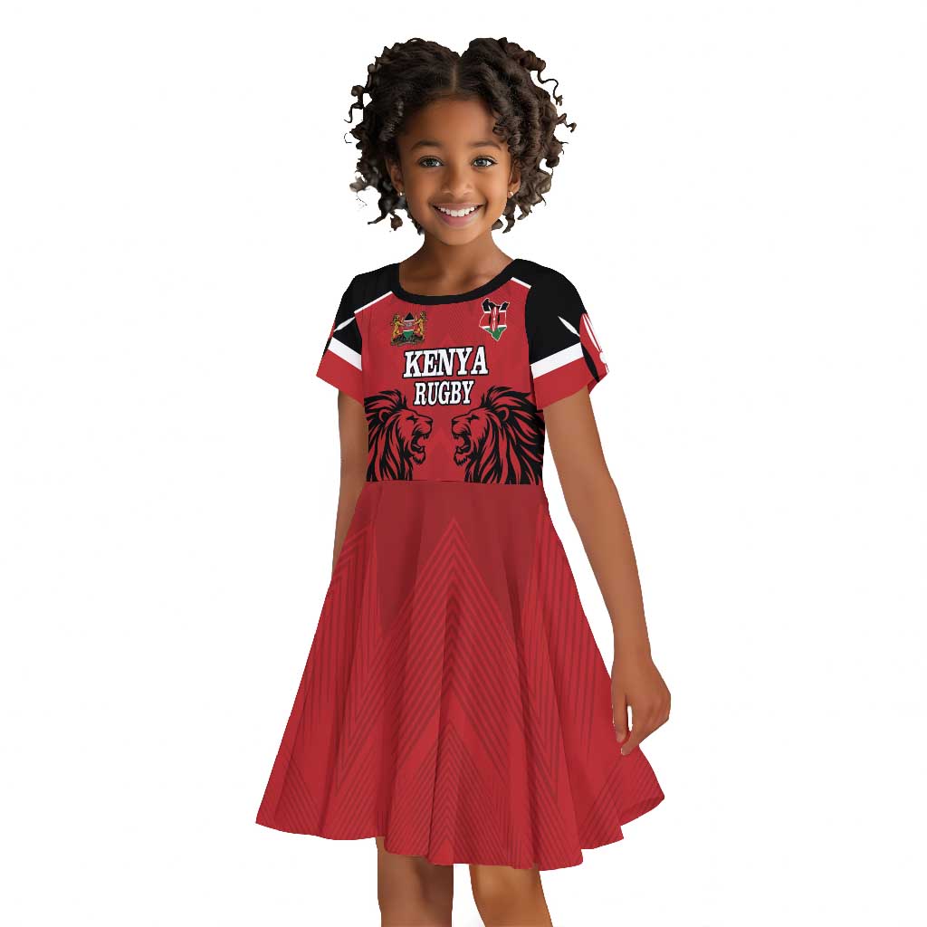 Custom Afro Kenya Rugby Kid Short Sleeve Dress African Lion Head
