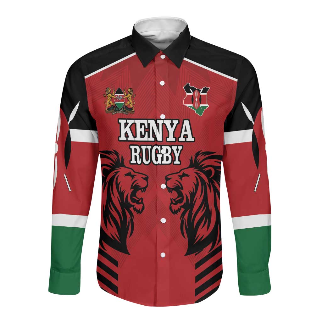 Custom Afro Kenya Rugby Long Sleeve Button Shirt African Lion Head