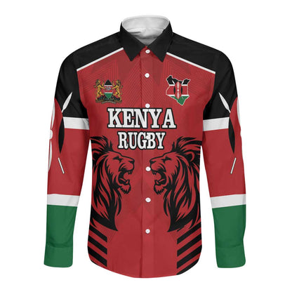 Custom Afro Kenya Rugby Long Sleeve Button Shirt African Lion Head
