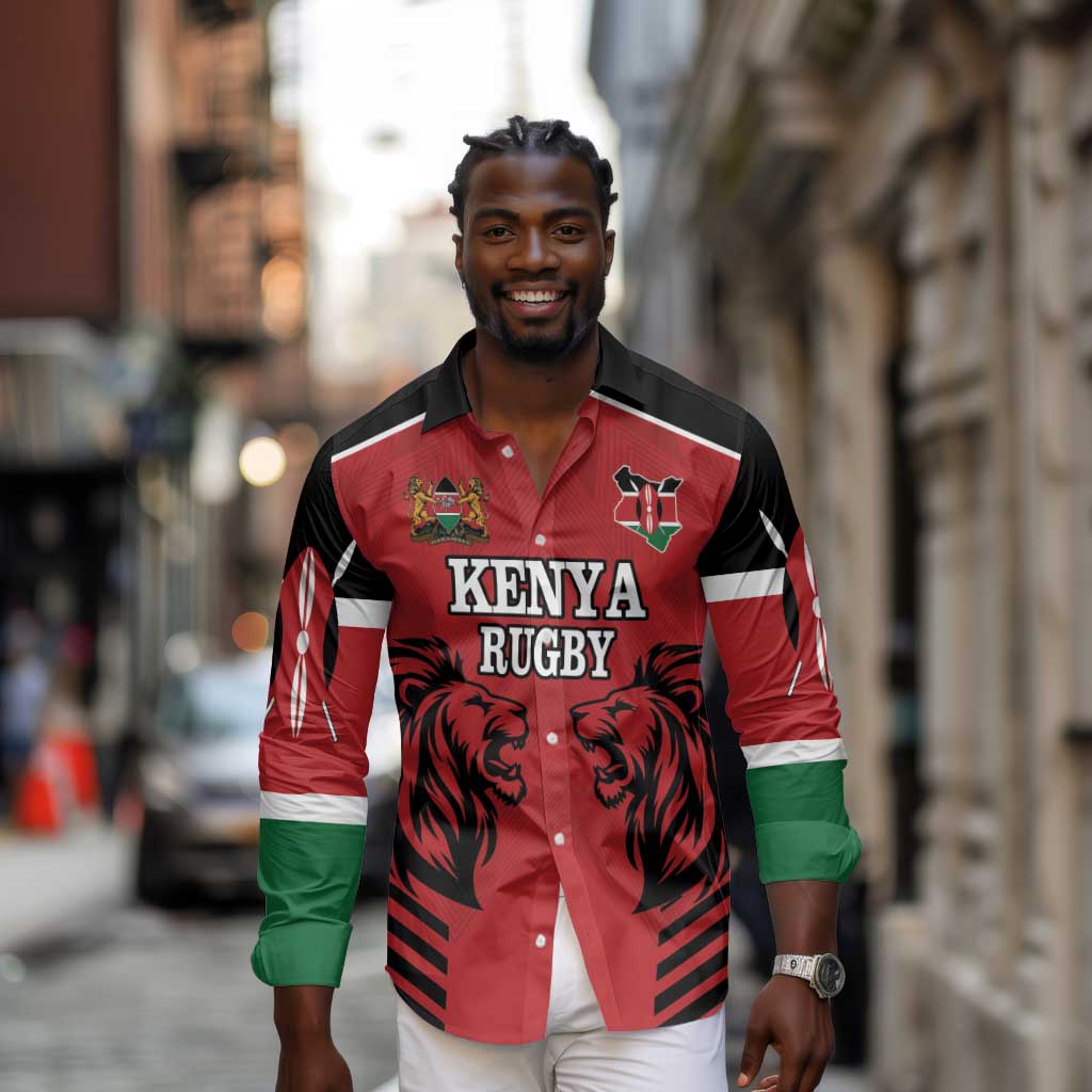 Custom Afro Kenya Rugby Long Sleeve Button Shirt African Lion Head
