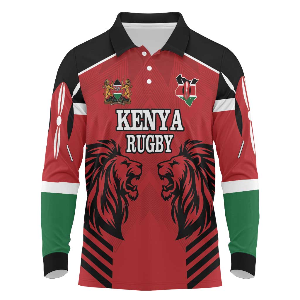 Custom Afro Kenya Rugby Long Sleeve Polo Shirt African Lion Head