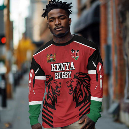 Custom Afro Kenya Rugby Long Sleeve Shirt African Lion Head