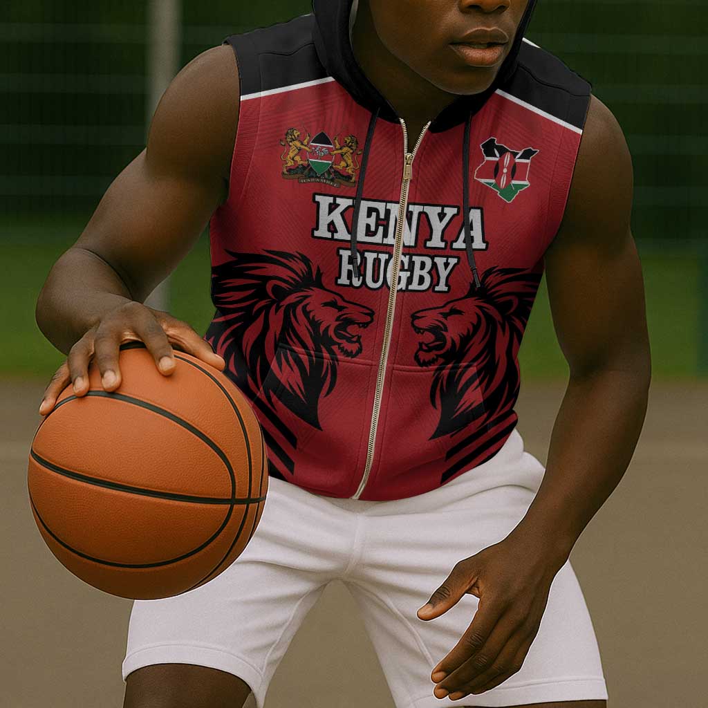 Custom Afro Kenya Rugby Sleeveless Zip Hoodie African Lion Head - African Pride
