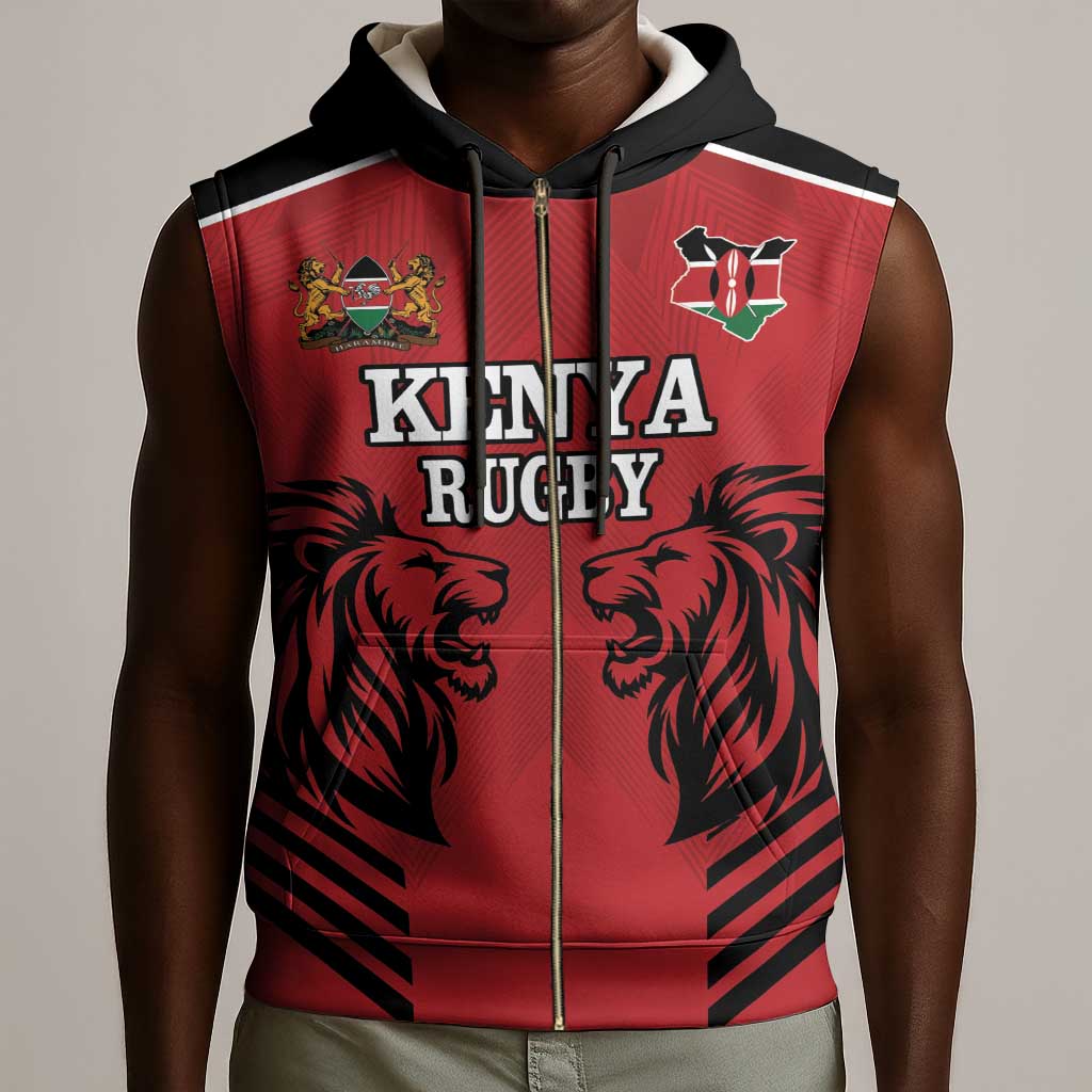 Custom Afro Kenya Rugby Sleeveless Zip Hoodie African Lion Head - African Pride