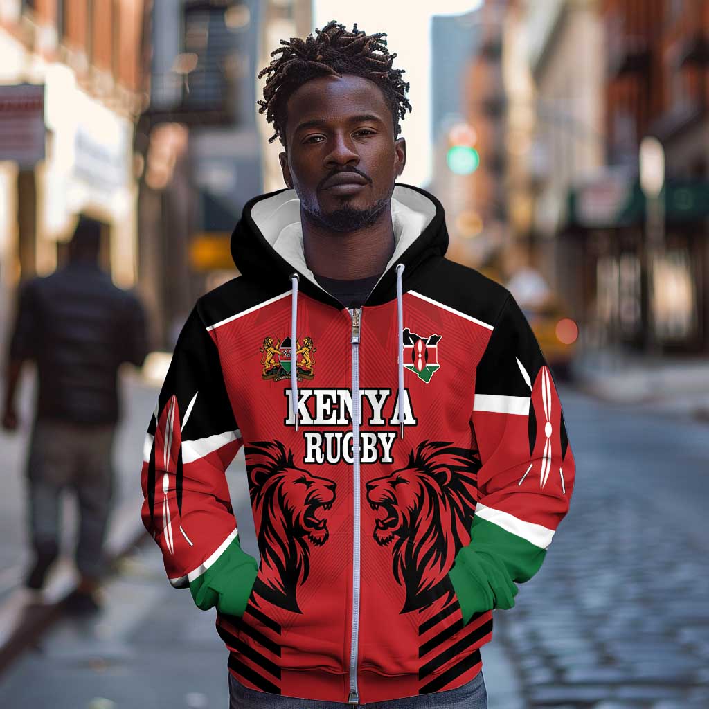 Custom Afro Kenya Rugby Zip Hoodie African Lion Head