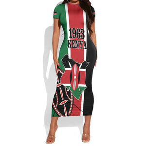 Personalized Jamhuri Day Short Sleeve Bodycon Dress Kenya Map With African Shield LT18