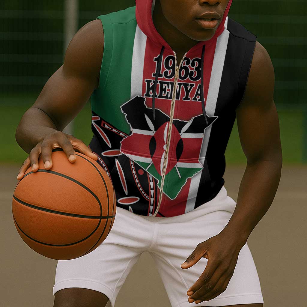 Personalized Jamhuri Day Sleeveless Zip Hoodie Kenya Map With African Shield - African Pride