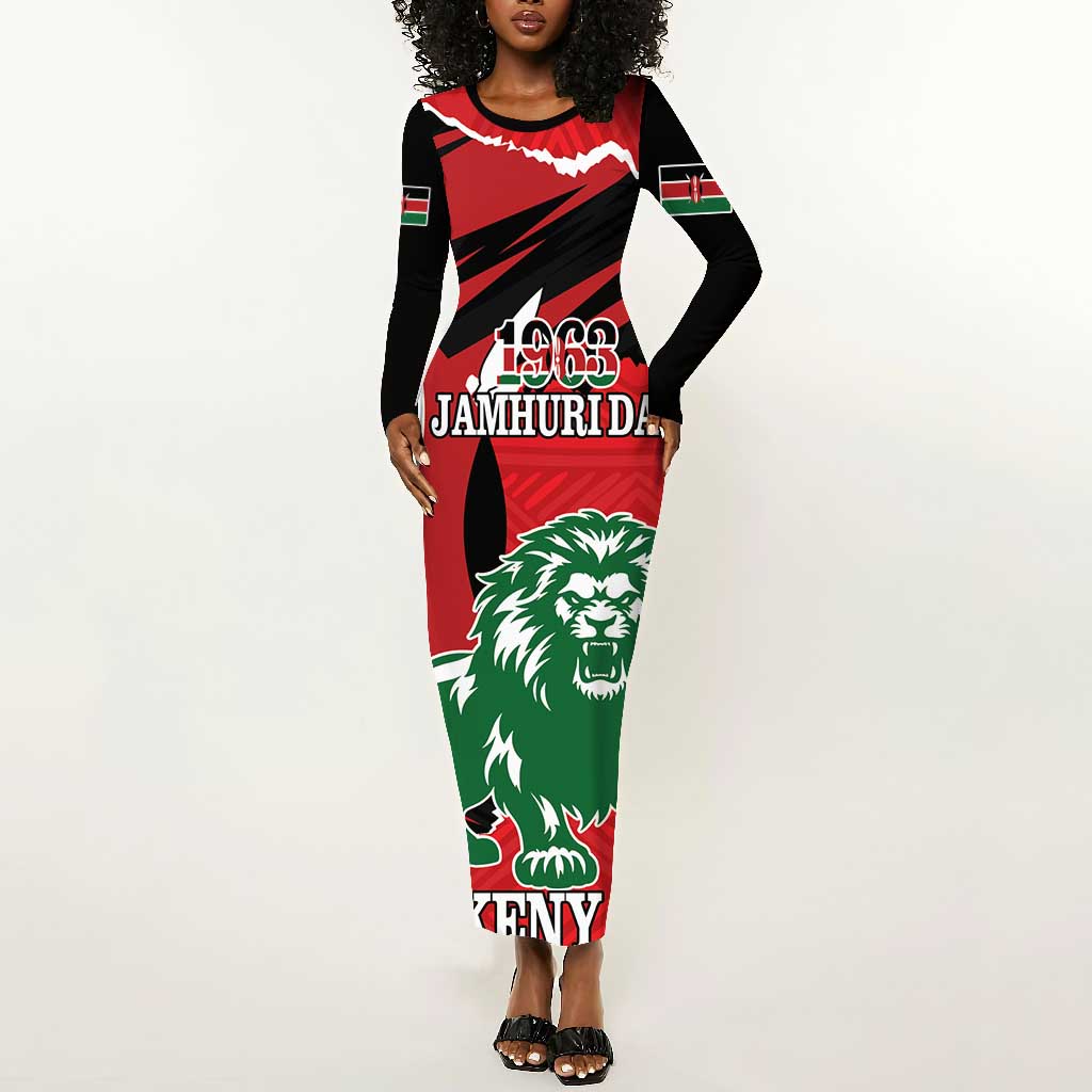 Personalized Jamhuri Day 1963 Long Sleeve Bodycon Dress Angry Lion With African Shield LT18