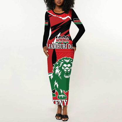 Personalized Jamhuri Day 1963 Long Sleeve Bodycon Dress Angry Lion With African Shield LT18