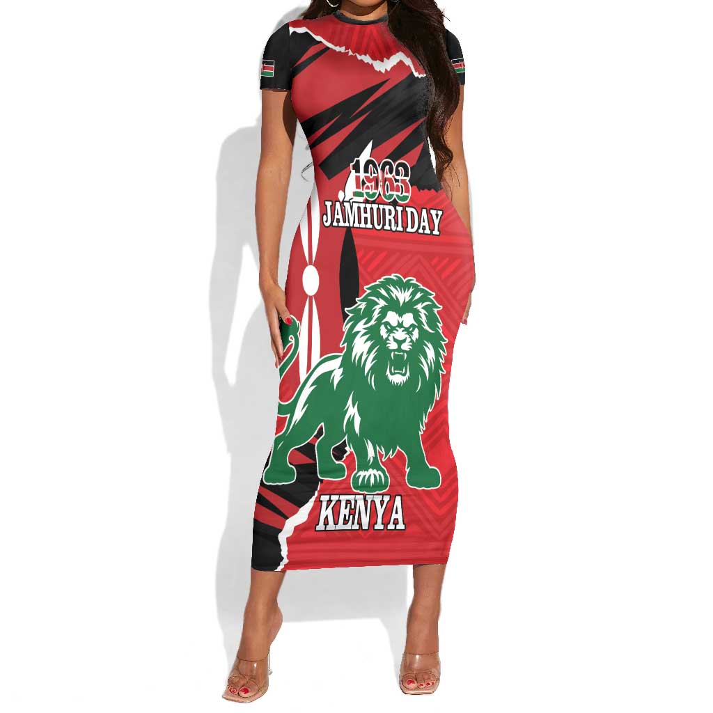 Personalized Jamhuri Day 1963 Short Sleeve Bodycon Dress Angry Lion With African Shield LT18