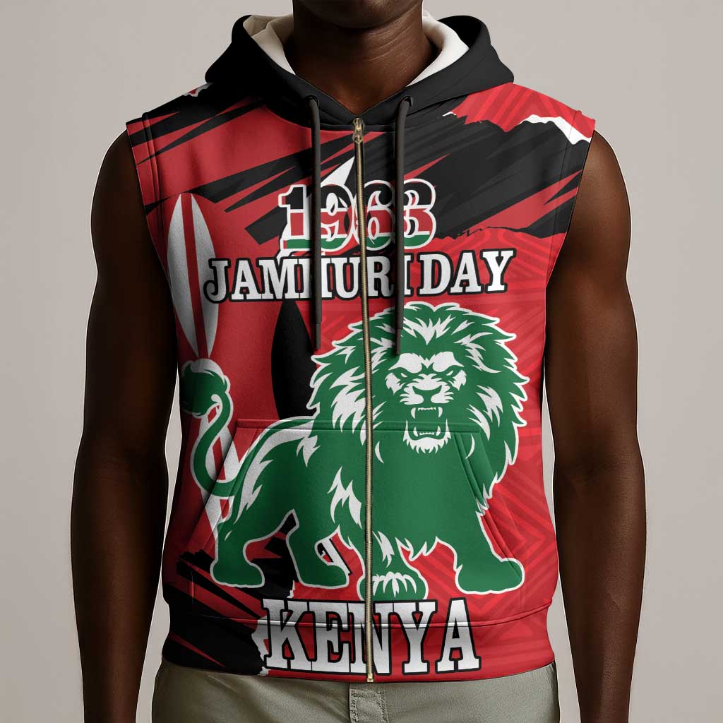 Personalized Jamhuri Day 1963 Sleeveless Zip Hoodie Angry Lion With African Shield - African Pride