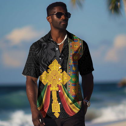 Ethiopia Lion Cross Hawaiian Shirt Habesha Heritage Style