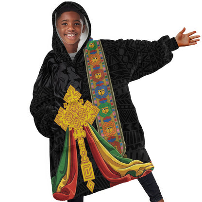 Ethiopia Lion Cross Kid Wearable Blanket Hoodie Habesha Heritage Style