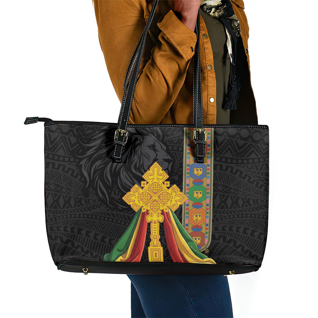Ethiopia Lion Cross Leather Tote Bag Habesha Heritage Style
