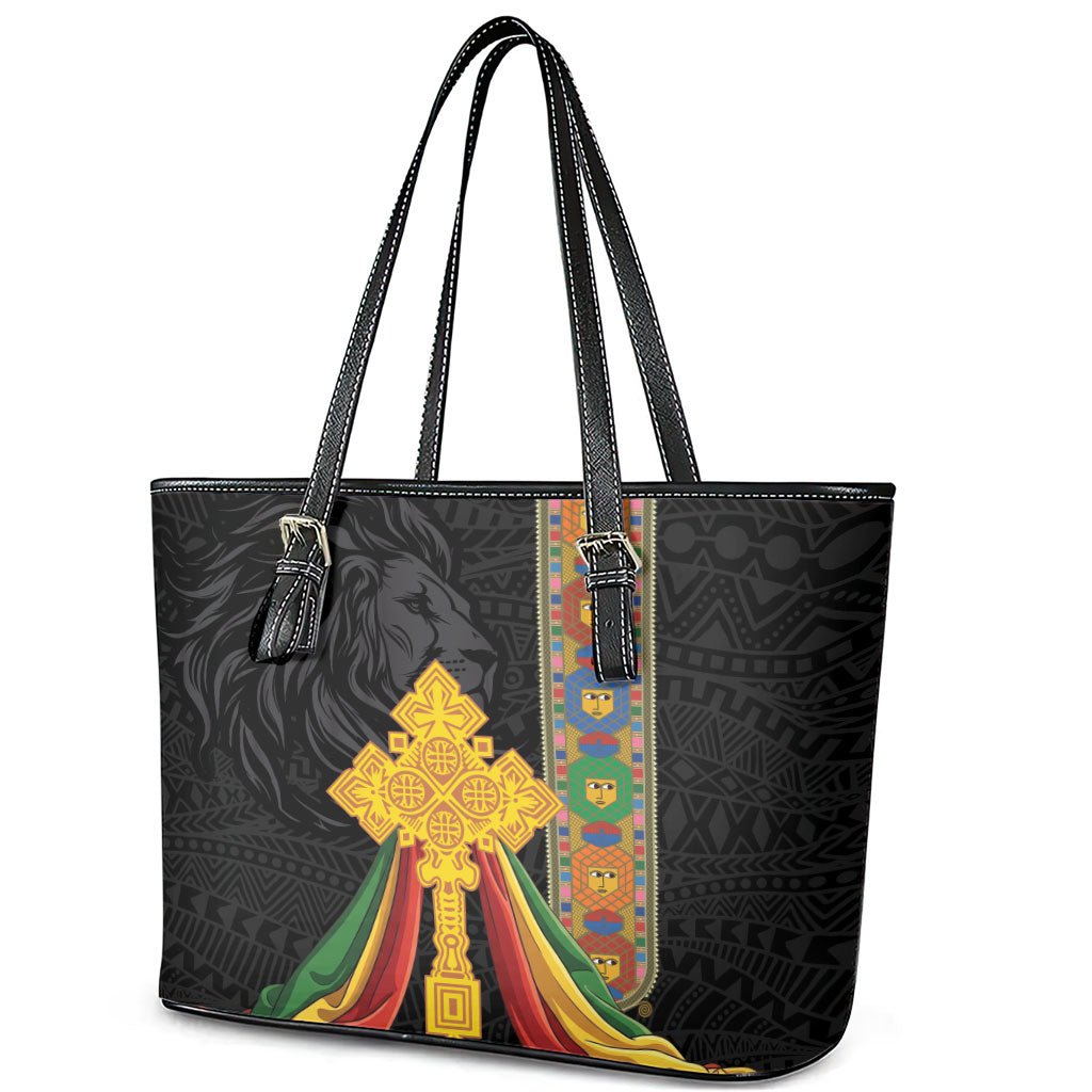Ethiopia Lion Cross Leather Tote Bag Habesha Heritage Style