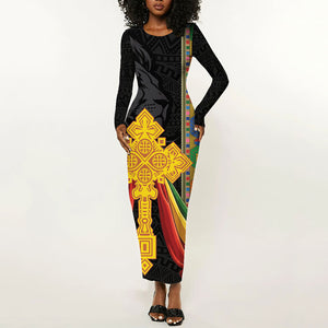 Ethiopia Lion Cross Long Sleeve Bodycon Dress Habesha Heritage Style