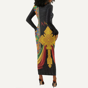Ethiopia Lion Cross Long Sleeve Bodycon Dress Habesha Heritage Style