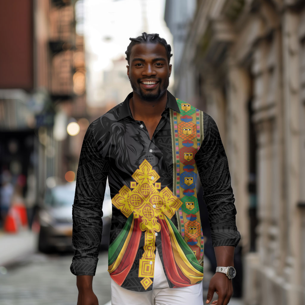 Ethiopia Lion Cross Long Sleeve Button Shirt Habesha Heritage Style