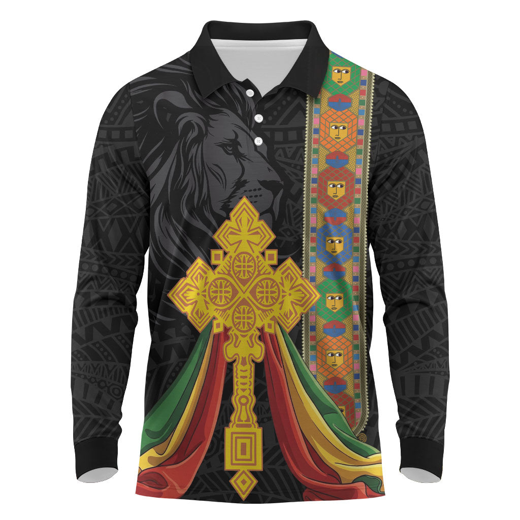 Ethiopia Lion Cross Long Sleeve Polo Shirt Habesha Heritage Style