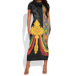 Ethiopia Lion Cross Short Sleeve Bodycon Dress Habesha Heritage Style