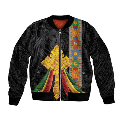 Ethiopia Lion Cross Sleeve Zip Bomber Jacket Habesha Heritage Style