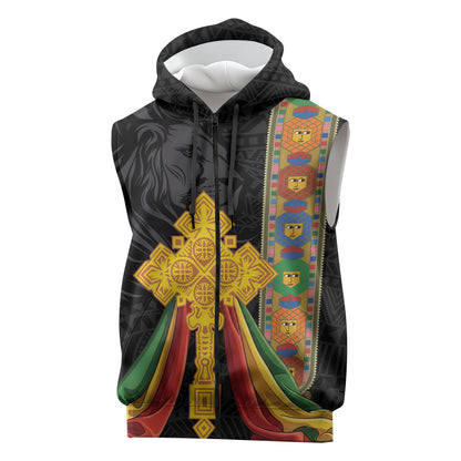 Ethiopia Lion Cross Sleeveless Zip Hoodie Habesha Heritage Style