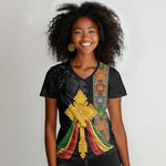 Ethiopia Lion Cross Women V-Neck T-Shirt Habesha Heritage Style