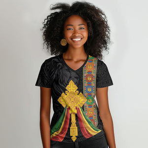 Ethiopia Lion Cross Women V-Neck T-Shirt Habesha Heritage Style