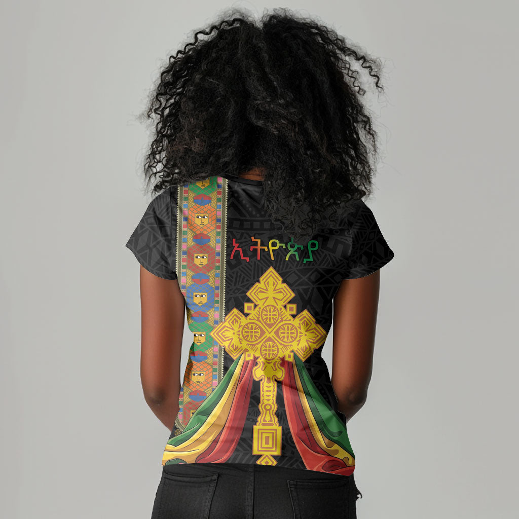 Ethiopia Lion Cross Women V-Neck T-Shirt Habesha Heritage Style
