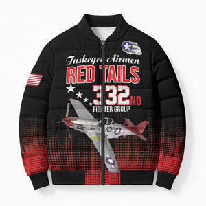 Tuskegee Red Tails Airmen WWII Tribute Bomber Puffer Jacket 332nd Fighter Group - Black