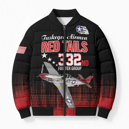 Tuskegee Red Tails Airmen WWII Tribute Bomber Puffer Jacket 332nd Fighter Group - Black