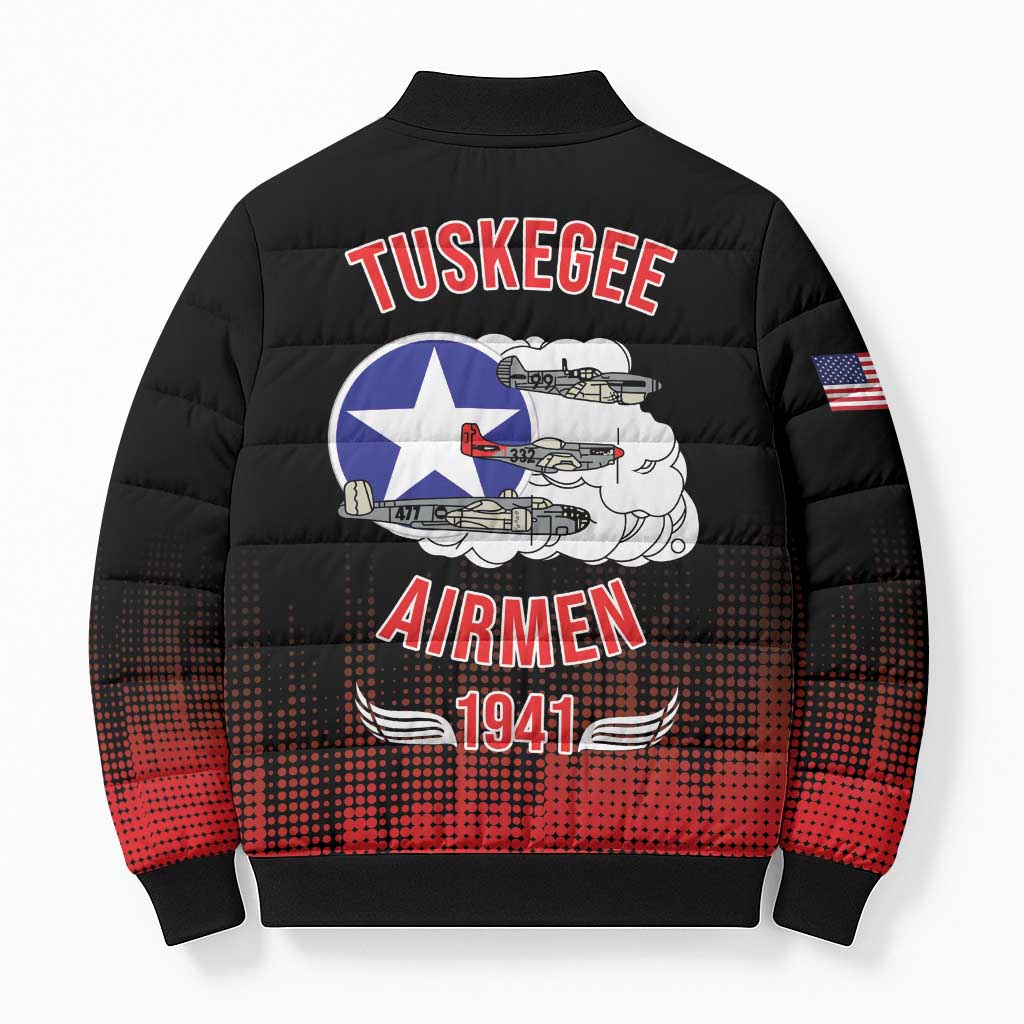 Tuskegee Red Tails Airmen WWII Tribute Bomber Puffer Jacket 332nd Fighter Group - Black