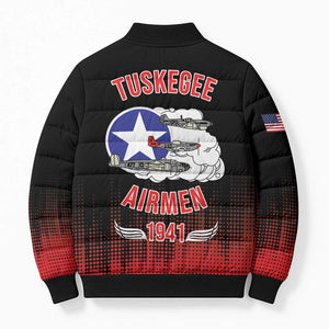 Tuskegee Red Tails Airmen WWII Tribute Bomber Puffer Jacket 332nd Fighter Group - Black
