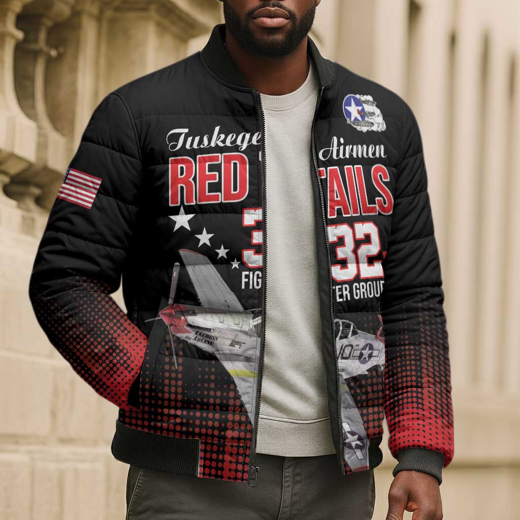 Tuskegee Red Tails Airmen WWII Tribute Bomber Puffer Jacket 332nd Fighter Group - Black